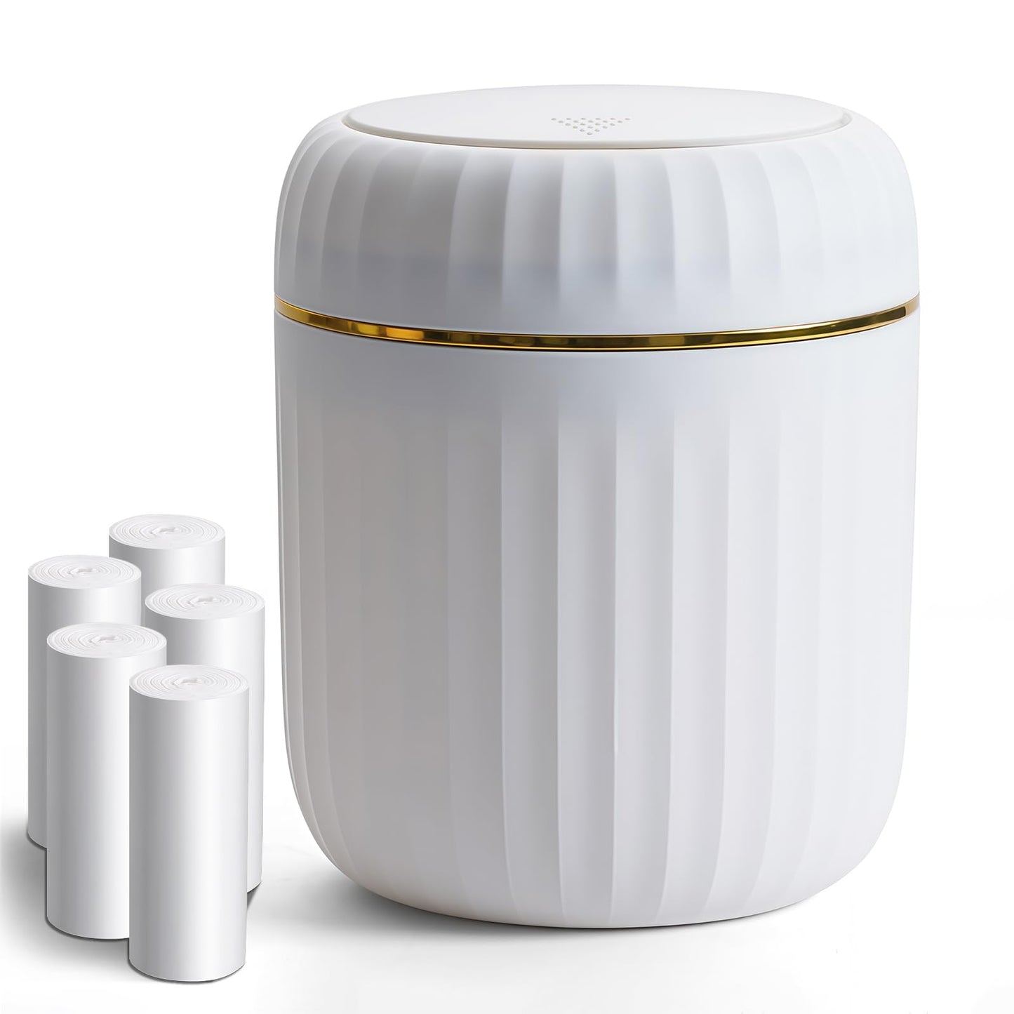 Mini Desk Bin with Press-Top Lid - Small Trash Can for Home Office Car Bathroom Living Room, White, 100 Garbage Bags Included