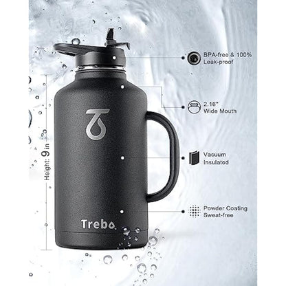 Trebo Stainless Steel Water Bottle 2L, Large Metal Bottle with Handle, Wide Mouth, Double Wall, Keeps Water Cold for 48 Hours, Black