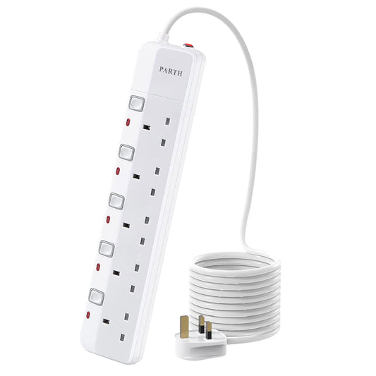 PARTH 3M Surge Protected Extension Lead With Switches 5 Way Sockets Extension Lead UK Power Strip With 3 Metre Extension Cord Wall Mounted 5 Gang Plug