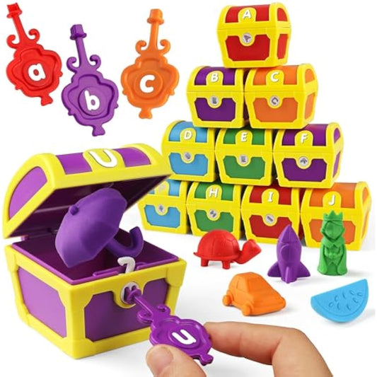 Coogam Alphabet Learning Toys for Toddlers, 26pcs Surprise Letters Treasure Locks with Keys, Uppercase Lowercase ABC Matching Color Sorting Game, Fine Motor Skill Gift for 3 4 5 Year Old