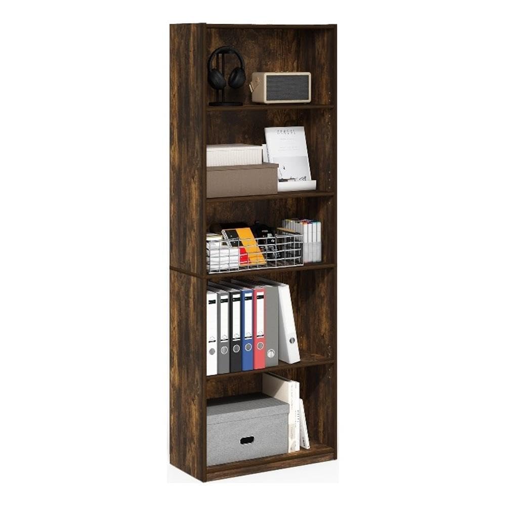 Furinno GEHRY Book Shelf, 5-Tier Bookshelf, Bookcase, with Adjustable Shelves, 11.6 x 24.8 x 71.4, for Home Office, Living Room, Amber Oak