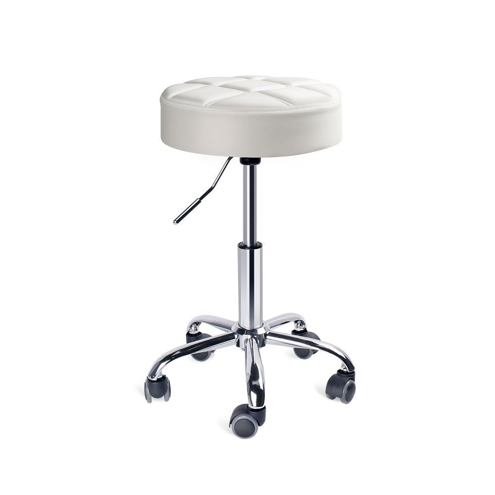 Round Swivel Beauty Stool Adjustable PU Leather Seat White / Φ14"