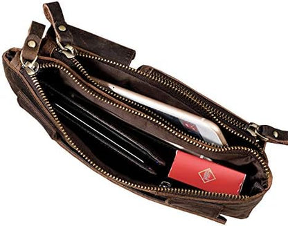 Leather Fanny Waist Bag for Men Women Outdoor Travel Sports Hiking Camping Running Hip Slim Bum Belt Pack Purse Wallet Cell Phone Shoulder Pouch