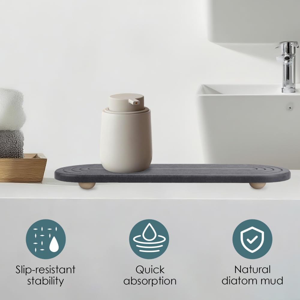 Sink Caddy Organizer, Quick Drying Diatomaceous Tray Water Absorbing Sponge Holder with 4 Wood Foot Pads for Bathroom Kitchen Countertop