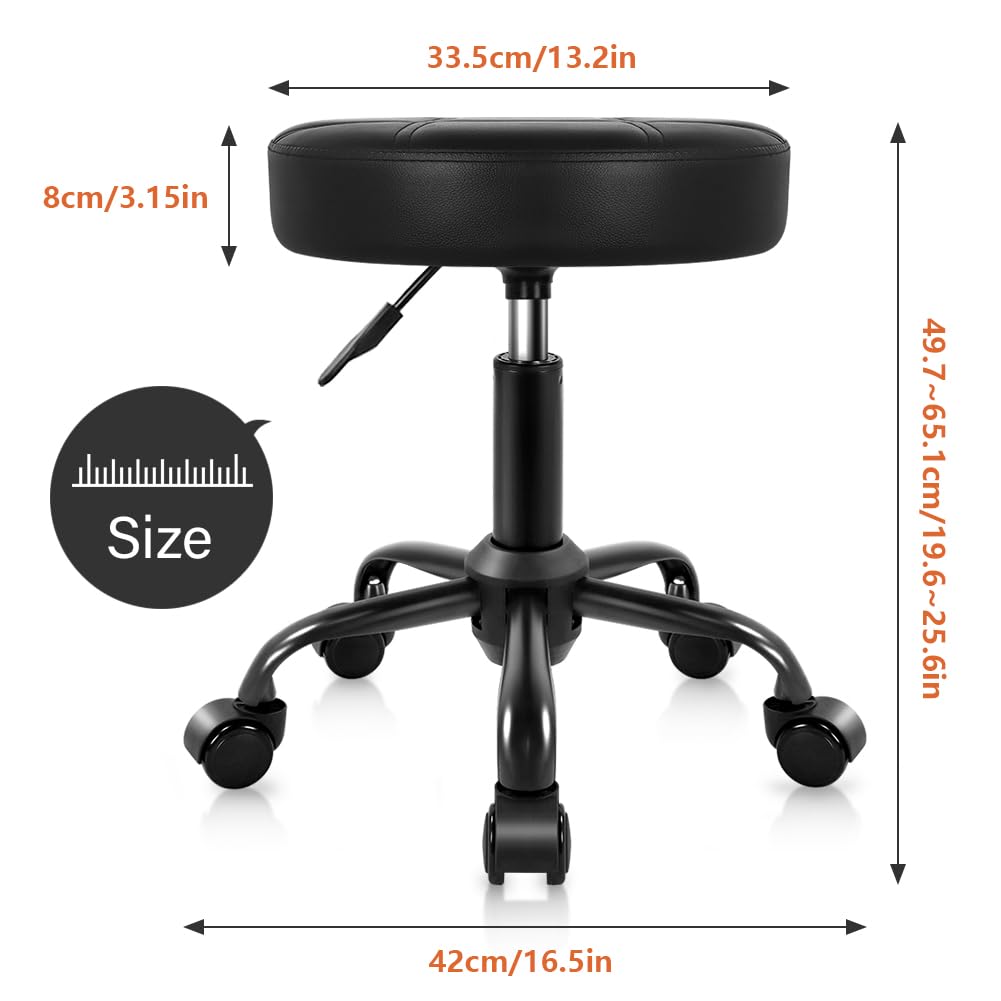KKTONER Rolling Stool Chair PU Leather Height Adjustable Round Stool with Wheels Chair for Salon Spa Drafting Small (Black)