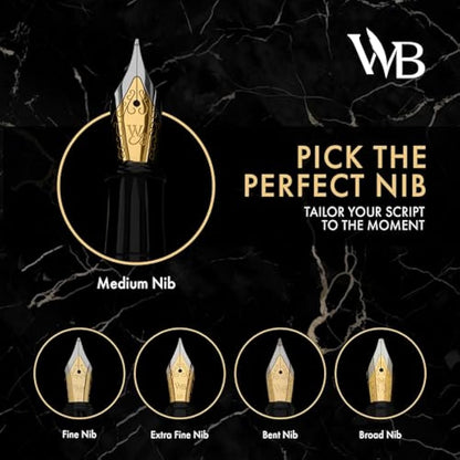 Wordsworth & Black Fountain Pen Set, Bent Nib, Includes 24 Pack Ink Cartridges, Ink Refill Converter & Gift Box, Chrome Finish, Calligraphy, [Black Chrome], Perfect for Men & Women