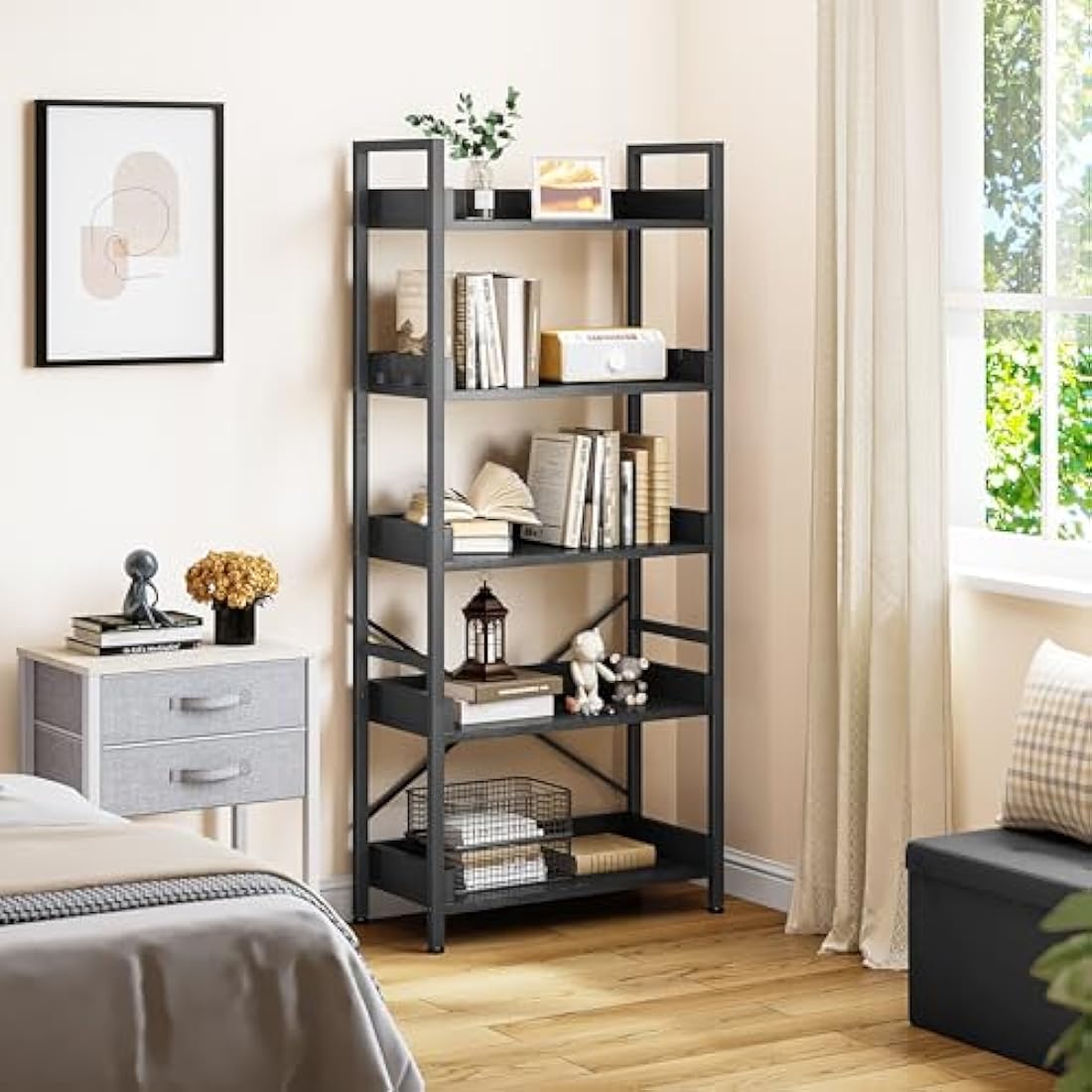 YITAHOME Bookcase 5 Tiers, Floor Standing Book Shelf, Wooden Shelves and Stable Steel Frame Shelving Units with 4 Hooks Industrial Storage for Living Room, Home Office, Black Bookcases