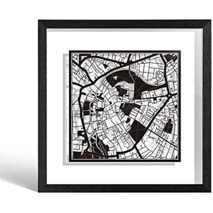 O3 DESIGN STUDIO Cambridge PPaper Cut Map framed, Black map, Black frame, 9x9 inches, Gift Boxed, 2 background color, self-changing, Paper Art