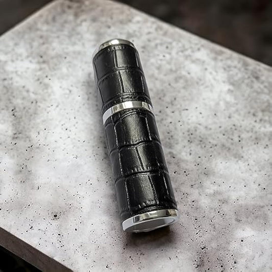 The Essential Atomizer Co. Black & Silver Faux Croc 10ml Refillable Perfume or Aftershave Travel Atomizer. Supplied with Filling Funnel & Gift Box