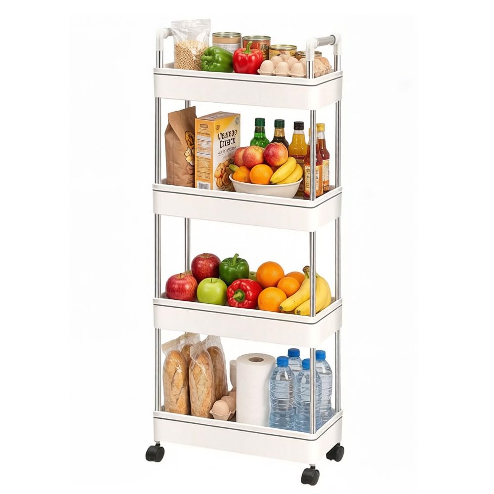 4-Tier Narrow Slim Storage Trolley Cart Slide-out Utility Mobile Shelving Space Organizer Shelf Rack Storage Cart on Wheels for Kitchen Bathroom