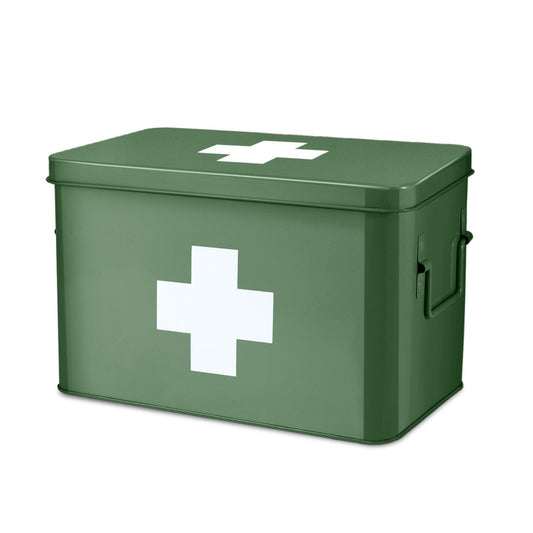 Flexzion First Aid Box Organizer Empty 13" Green Vintage First Aid Kit Tin Metal Medical Box - First Aid Storage Box Container Bins with Dividers,