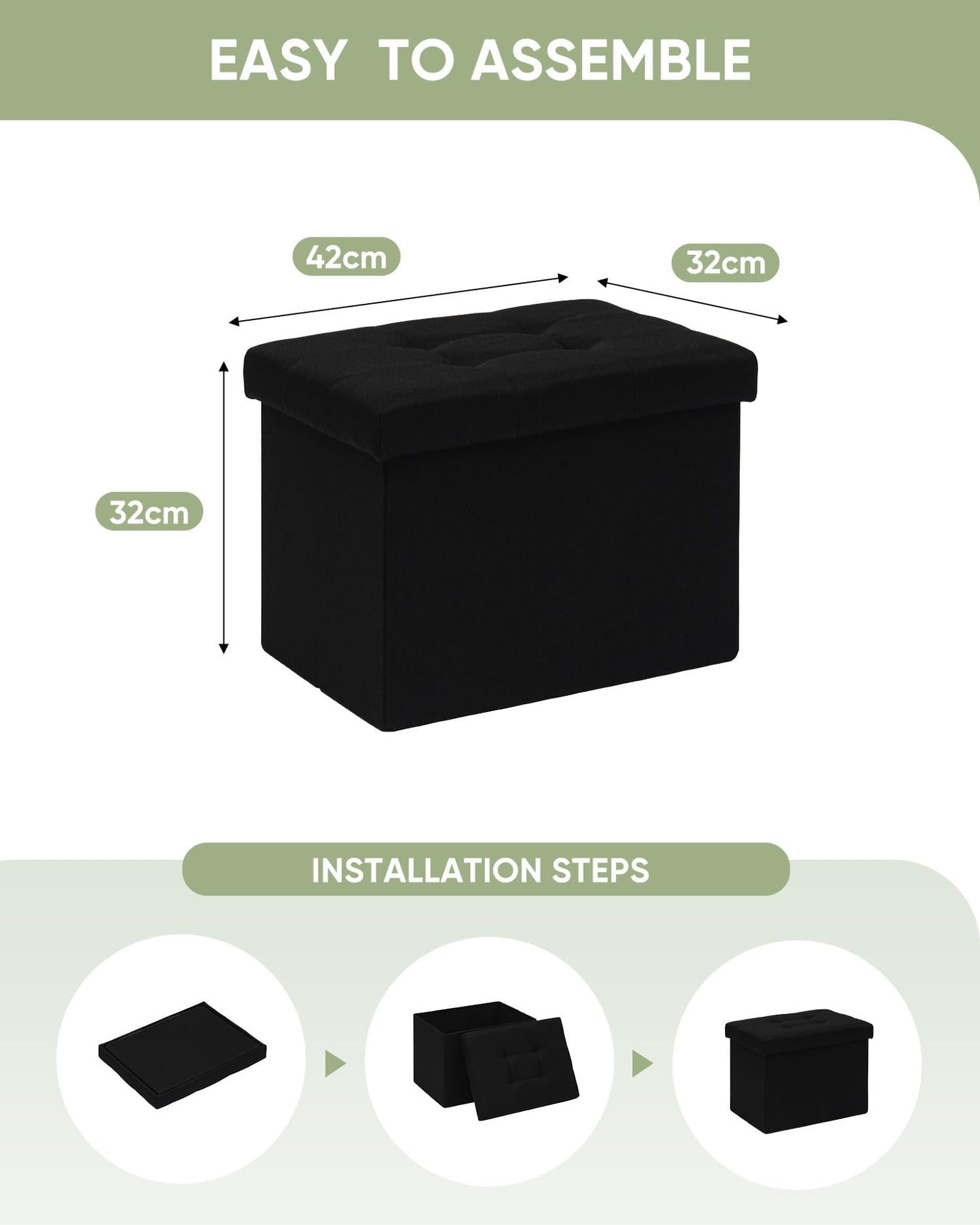 Bonlife Storage Ottoman, Folding Small Foot Rest,Toy Chest Storage Footrest Seat, Footstool for Living Room, Bedroom, Dorm, Fabric,Black,42x32x32cm
