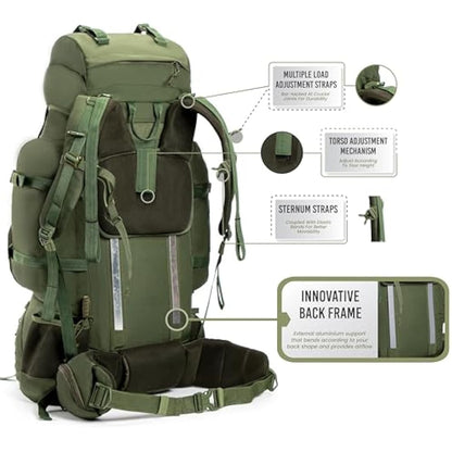 Tripole Colonel Pro Metal Frame Rucksack | Front Opening | Detachable Bag | Rain Cover (90 Litres, Army Green)