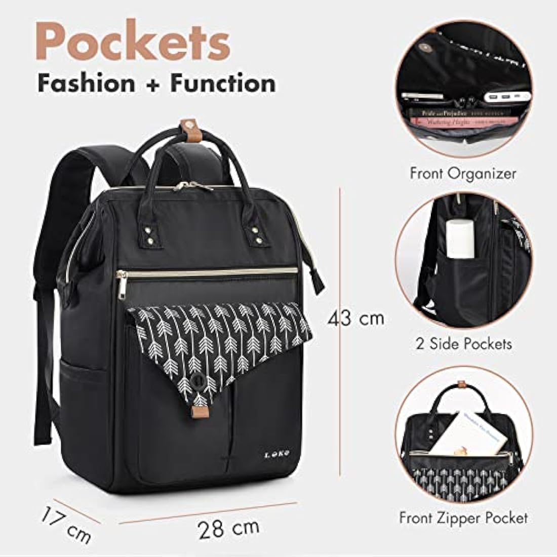 Lekesky Laptop Backpack Women Rucksack Bags 15.6 Inch Laptop Backpack with USB Port School Bag for Travel Business College Women Men- Black