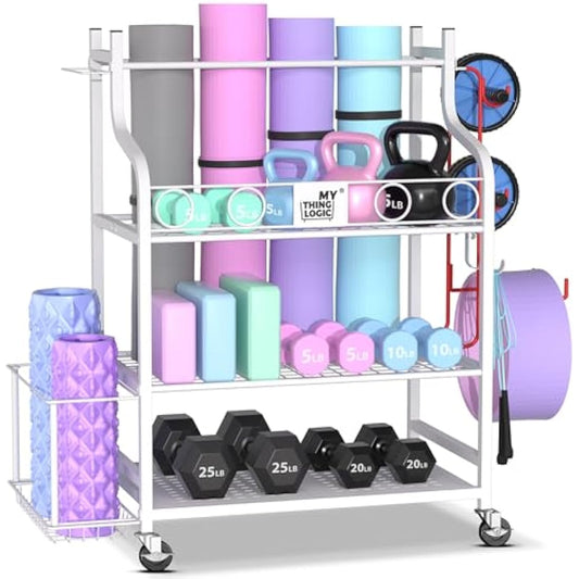 Mythinglogic Dumbbell rack-Yoga Mat weight rack-Home Gym Storage Rack for Dumbbells Kettlebells, Foam Roller, Yoga Strap, Resistance Bands - Workout Equipment Storage Organizer with Hooks and Wheels