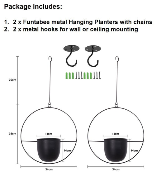 Funtabee 2-Pack Mid-century Modern Hanging Planter, Black Metal Wall Hanging Planter Indoor, Hanging Flower/Plant Pots, Metal Hanging Baskets/Plant