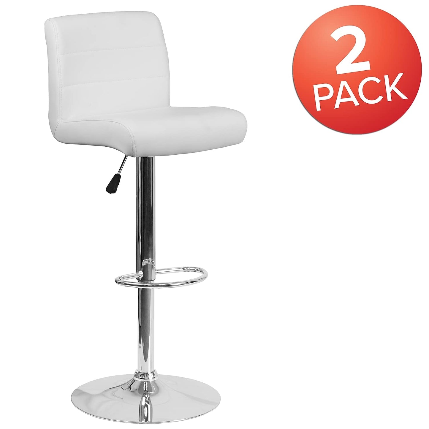 Flash Furniture Marietta 2 Pack Contemporary White Vinyl Adjustable Height Barstool with Rolled Seat and Chrome Base