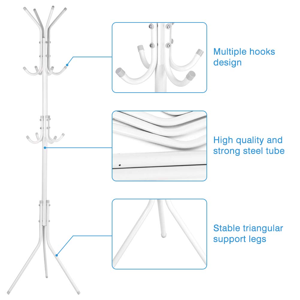 Ejoyous Coat Rack Stand, Steel Clothes Hanging Tree Stand with Multiple Hooks 174cm Standing Coat Tree for Hats, Bags, Scarf White