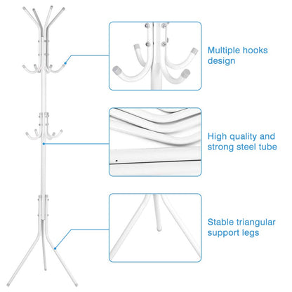 Ejoyous Coat Rack Stand, Steel Clothes Hanging Tree Stand with Multiple Hooks 174cm Standing Coat Tree for Hats, Bags, Scarf White