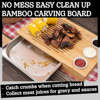 Dan&Co Unique Bamboo Meat Carving Board with Drip Tray and 3 Dipping Pots | 48cm Large Wooden Chopping Board for Kitchen for Preparing, Cutting, Resting, Serving | BBQ Gift