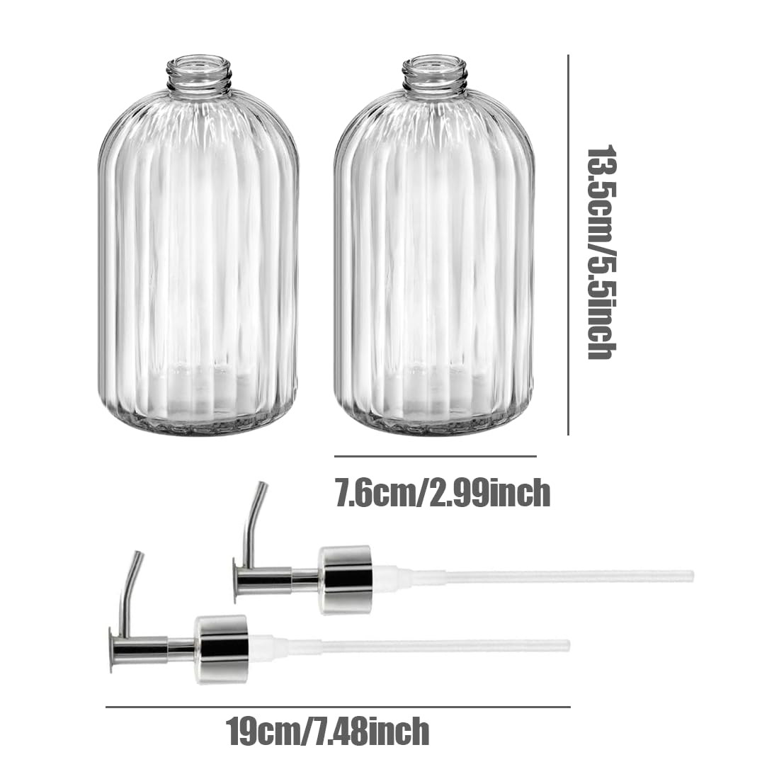 2 Pack Glass Soap Dispenser Bottle with Pump,14 Oz Clear Glass Jar Soap Liquid Hand Soap Dispenser, Refillable Liquid Hand Jar Dispenser for Bathroom