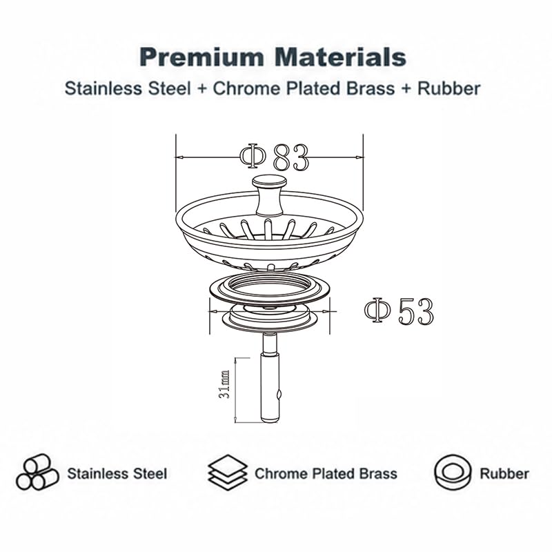 WaiiHO 036 Stainless Steel Kitchen Sink Strainer, 83mm Diameter, with Rubber Seal, 2 Pack