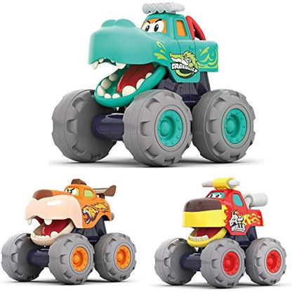 MOONTOY Monster Truck Car Toy Set for 1-3 Years, 3-Piece Cartoon Monster Truck Toy Cars, Red, Blue, Green