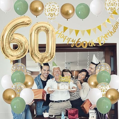Jobkoo 60. Geburtstag Deko Salbeigrüne Banner 60 Geburtstag Girlande Zahl 60 Luftballons Geburtstag Tortendeko Grün Weiß Gold Party Ballons 60.ter Geburtstag Dekoration 60. Grün Gold