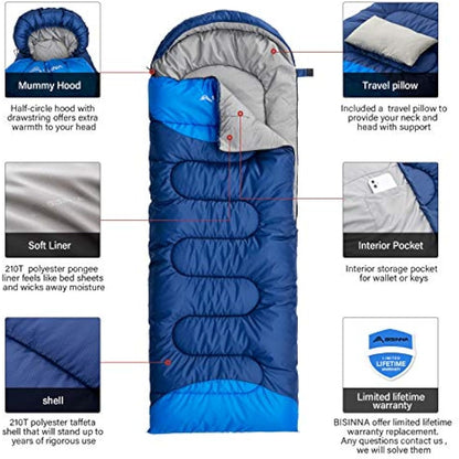 BISINNA Sleeping Bag with Pillow - 4 Season Lightweight Waterproof Warm Sleeping Bag with a compression sack for Adults, Women, Men's Outdoors Camping, Hiking, Backpacking