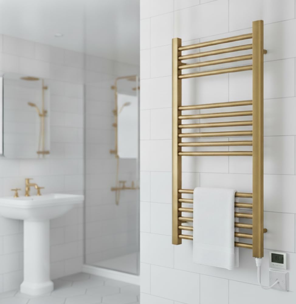 Greened House Brushed Brass Electric Towel Rail 300mm W x 800mm H + Timer