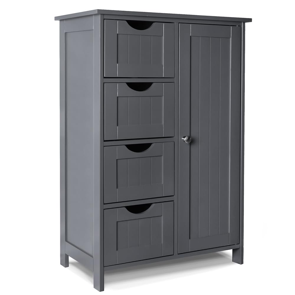 VOUNOT® Bathroom Floor Storage Cabinet, Freestanding Storage Unit with Adjustable Shelf, 4 Drawers & Door, for Bedroom, Kitchen, Living Room