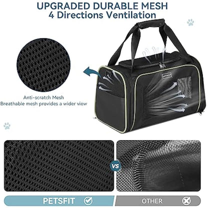 PETSFIT Soft Cat Carrier with Extendable Fleece Pet Mat, Kitty Carrier Airline Approved with Safety Leash for Pets Up to 12 Lbs (44 * 26.5 * 27CM, Black)