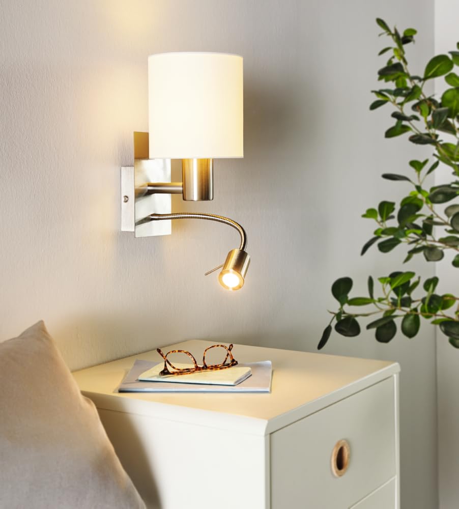 Eglo Pasteri LED Wall Light, Nickel Matt Steel and White Fabric Wall Lamp, E27 Socket, incl. Switch and Flexible Reading Lighting