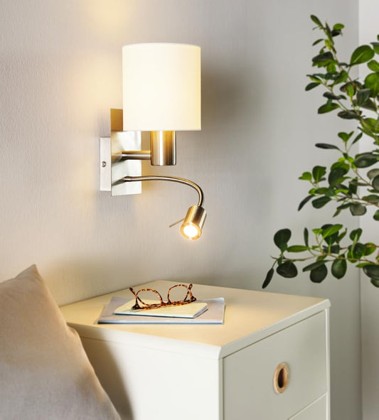 Eglo Pasteri LED Wall Light, Nickel Matt Steel and White Fabric Wall Lamp, E27 Socket, incl. Switch and Flexible Reading Lighting