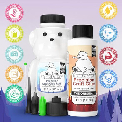 Bearly Art Precision Craft Glue -The Bundle - 4fl oz and 11fl oz Refill Bear - Tip Kit Included - Wrinkle Resistant - Flexible and Crack Resistant - Strong Hold Adhesive - Made in USA