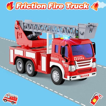 GizmoVine Fire Engine Toys, Fire Truck with Lights Sound Extending Ladder, Friction Powered Large Toy Firetruck, Kids Big Trucks, Brithday for Children Age 3 4 5 6 7 8 Year Olds