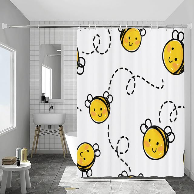 GardEssere Yellow Baby Bee Honey Cute Flying Happy Honeybee Cartoon Insect Shower Curtain for Bathroom White Bath Curtain with 12 Hooks Waterproof