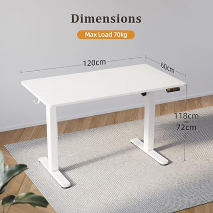 Claiks Electric Standing Desk, Adjustable Height Stand up Desk, 120x60 cm Sit Stand Home Office Desk with Splice Board, White Frame/White Top