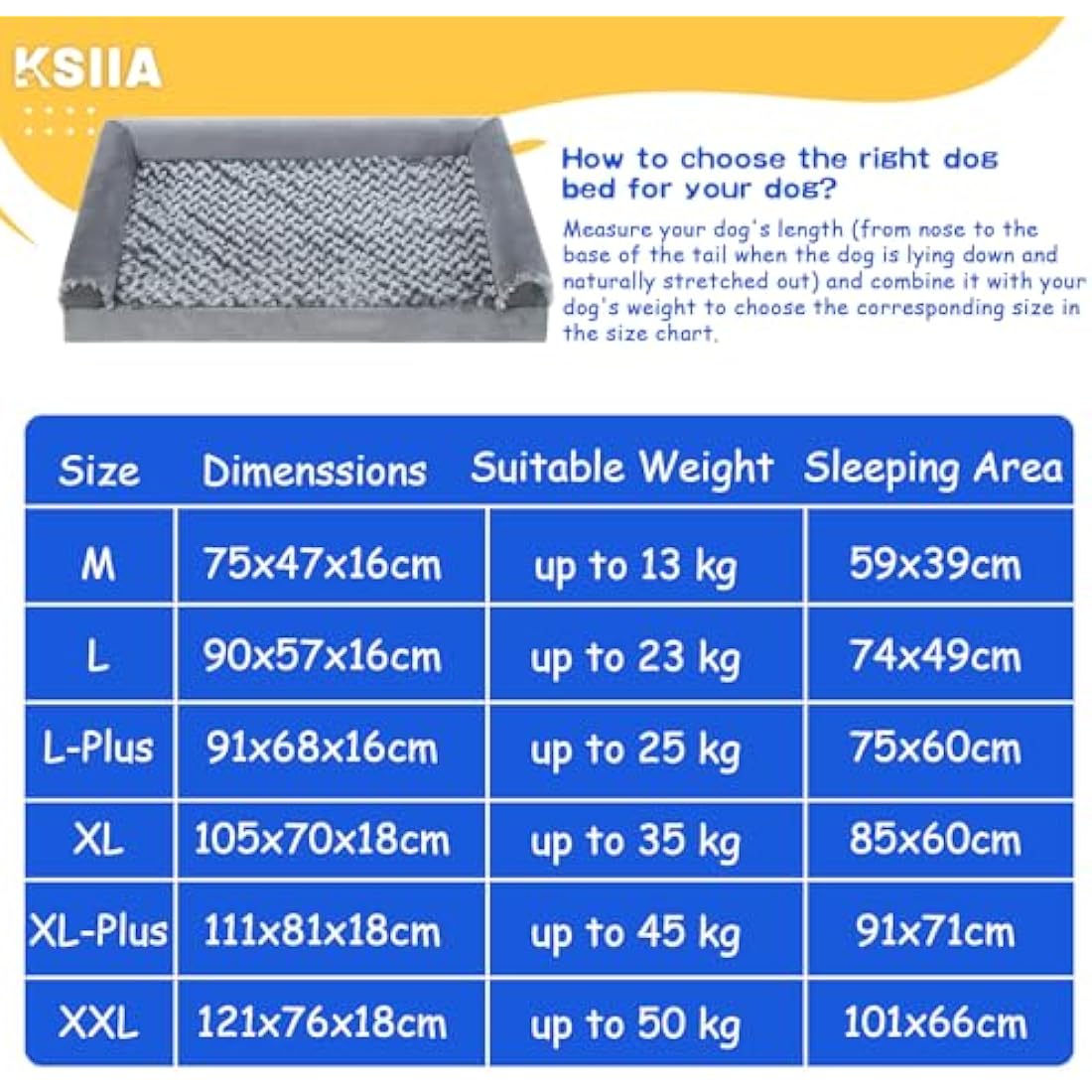 KSIIA Extra Large Dog Bed, XXL Orthopedic Dog Sofa Bed with Removable Washable Cover, Waterproof, U-Shape Bolster, Grey 121x76x18cm