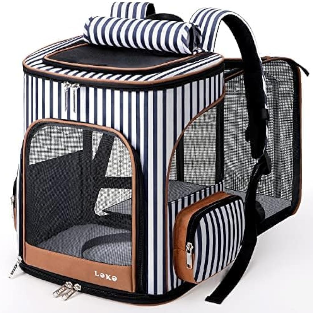 Lekesky Expandable Cat Carrier Backpack - Portable Breathable Rucksack for Medium and Small Cats & Dogs, Foldable with Inner Escape-proof Leash and Pet Mat, Supports 25 lbs (Striped)