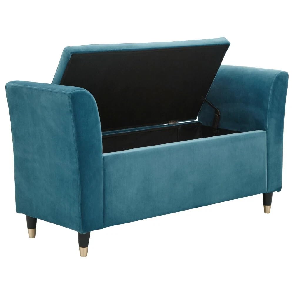 GFW Genoa Teal Ottoman Window Seat, Velvet Upholstered Storage Bench with Button Tufted Seat, 88L Hidden Storage and Wooden Legs