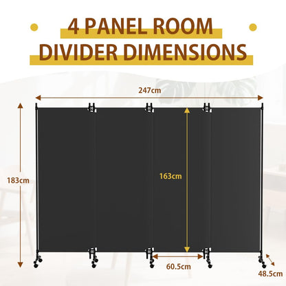 HIDODO 4 Panel Upgraded Room Divider with Wheels, 247cm W x 183cm H, Grey
