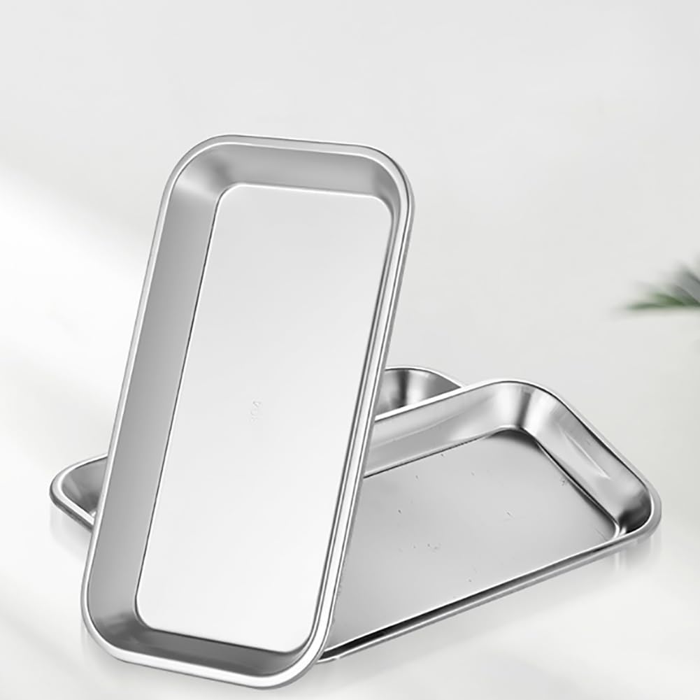 HugeDE 4 Pcs Rectangular Stainless Steel Trays Small Instrument Trays Metal Tattoo Trays Bathroom Vanity Organizer Holder Plates for Nail Salon