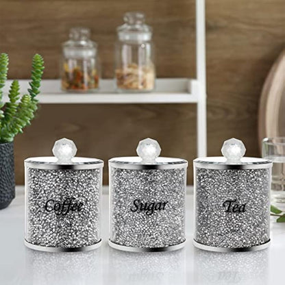 Cedilis 3 Pack Decorative Coffee Tea Sugar Canisters With Crushed Crystal Diamonds, Glass Food Storage Containers, Bling Kitchen Jar for Countertop Decor, Silver