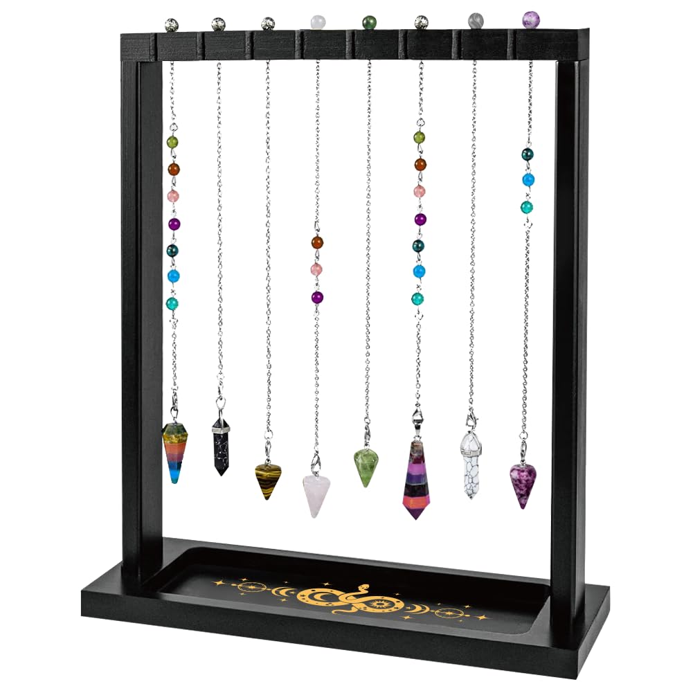 BEUNITONE Wooden Pendulum Crystal Display Holder, Witchcraft Supplies Organizer with Snake Pattern Tray, Pendulum Board Stand for Witchy Accessories