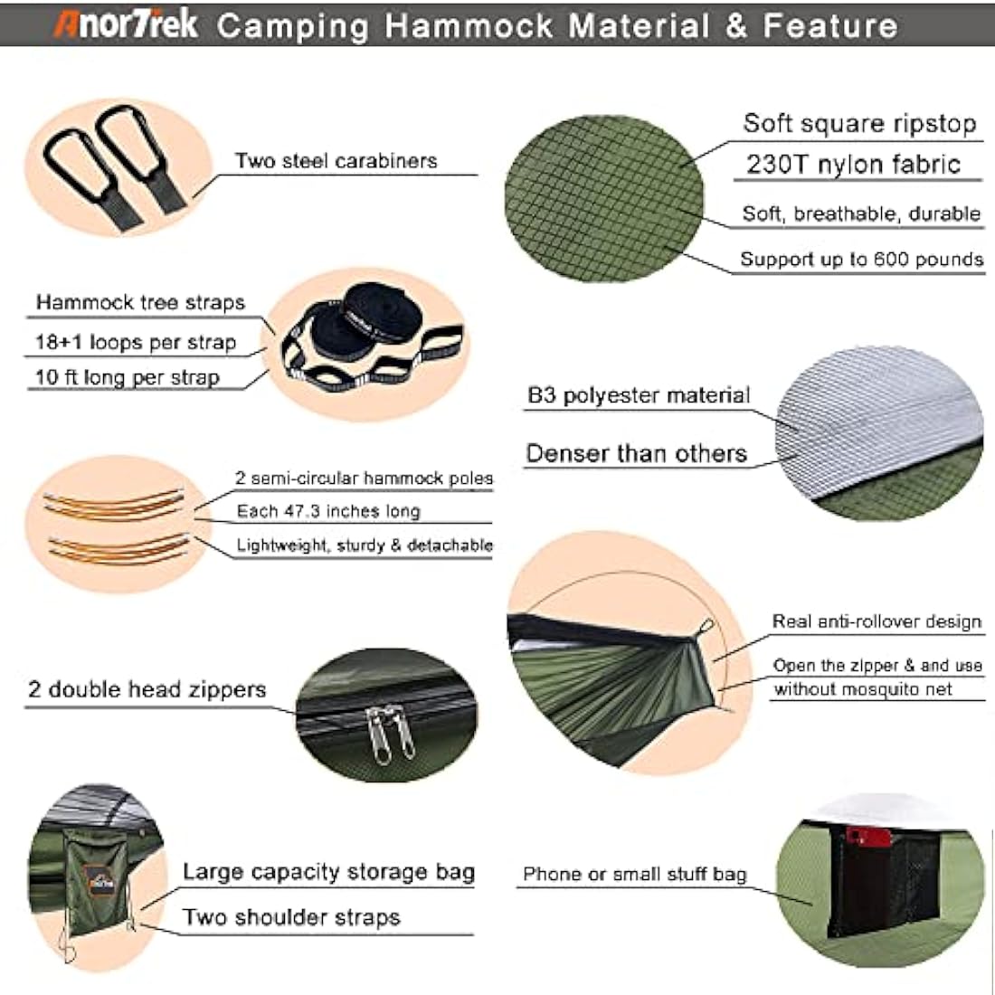 AnorTrek Professional Camping Hammock with Mosquito Net, Lightweight Portable Double Hammock with Two 10 FT Hammock Tree Straps, 230T Nylon Hammock for Camping Hiking Garden Backpacking (Green)