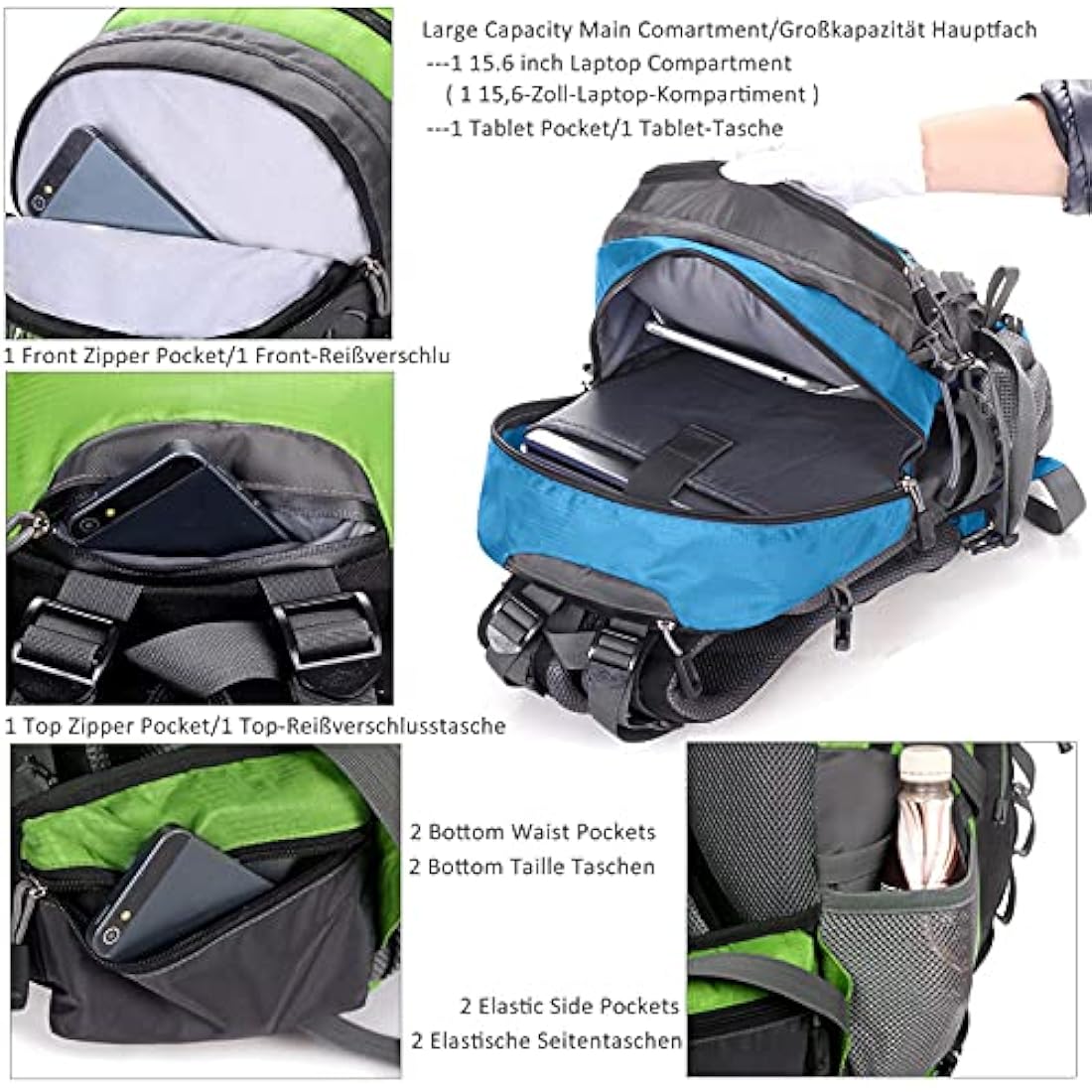 A AM SeaBlue 40L Hiking Backpack for Men and Women Trekking Rucksack Lightweight Travel Daypack with Waterproof Rain Cover,Large Sports Bag for Outdoor Activities