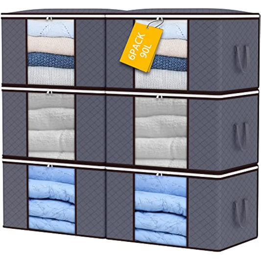 90L Storage Bags, 6Pack Large Capacity Clothes Storage Boxes with Lid and Zips, Foldable Clothes Packing Boxes with Reinforced Handle Breathable Thick Fabric for Comforters, Blankets, Bedding