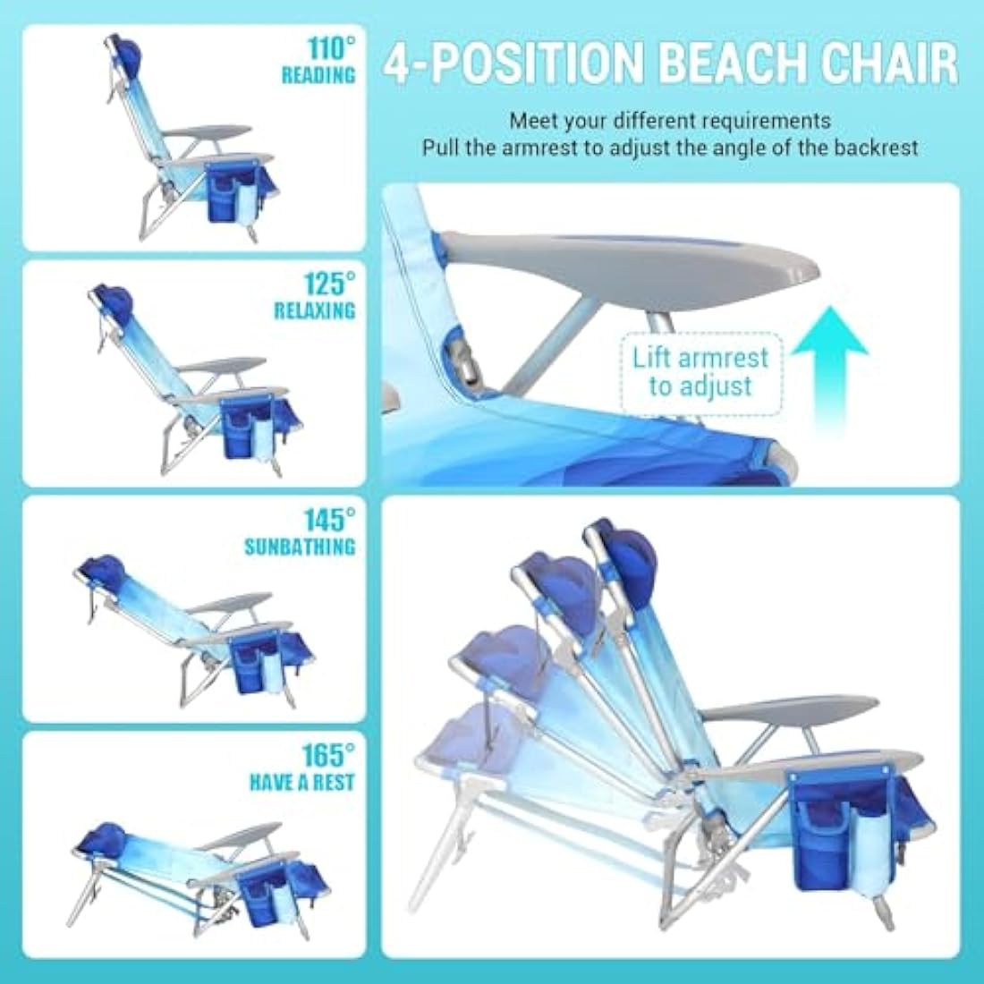 #WEJOY 4-Position Adjustable Beach Chair for Adults, Folding Low Camping Chairs Aluminum Lightweight & Portable, High Back Pillow Pocket Outdoor Reclining Garden Chair