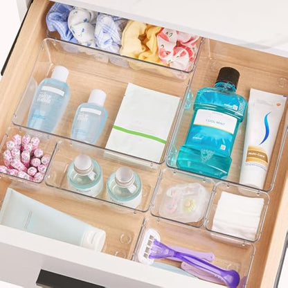 Vtopmart 28 PCS Clear Plastic Drawer Organizers Set, 4-Size Bathroom and Vanity Drawer Organizer Trays, Acrylic Storage Bins for Makeup, Cosmetic, Kitchen Utensils